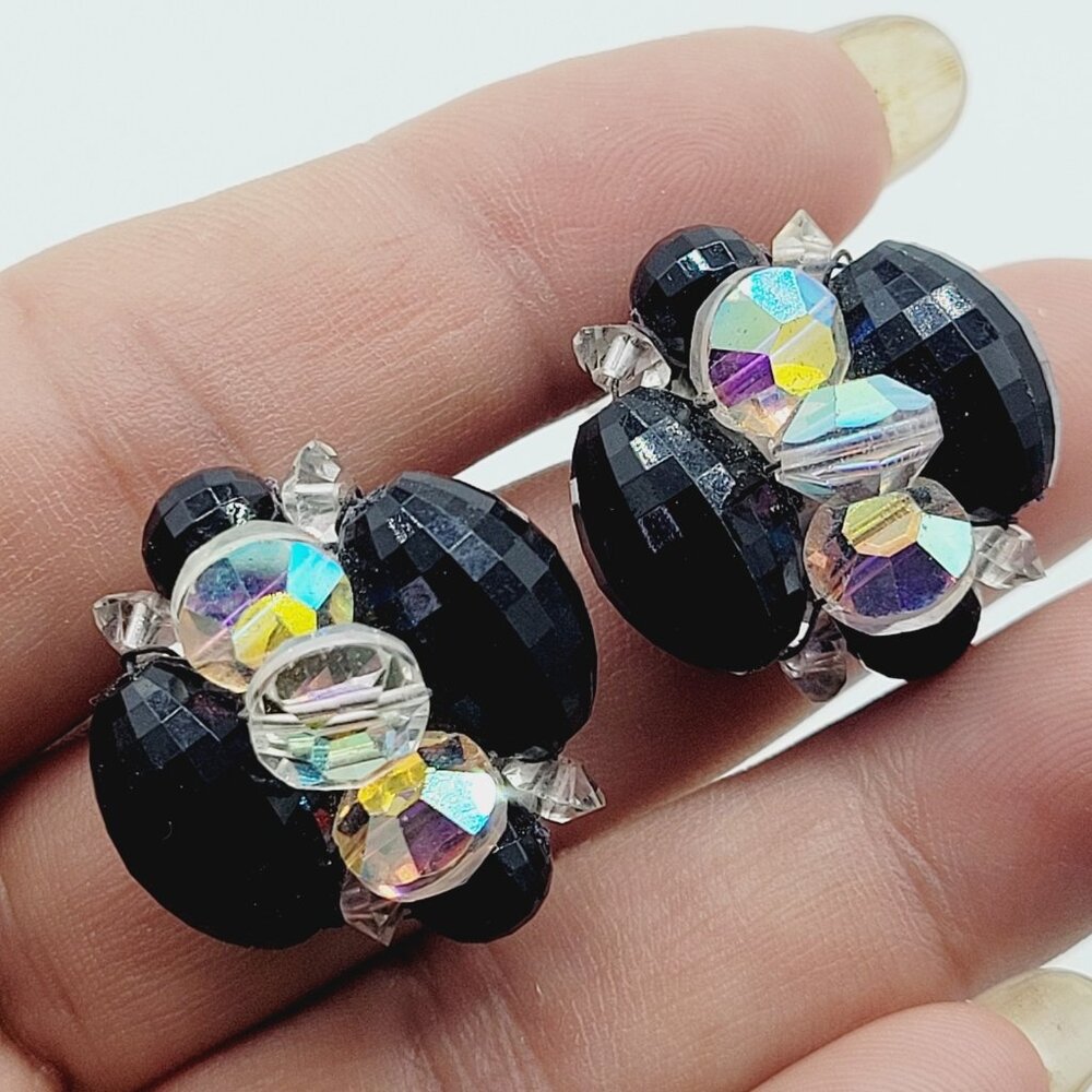 Vintage Acrylic Cluster Earrings Black & AB Clear Beads